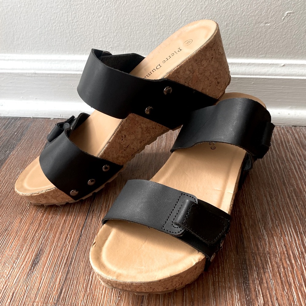 Pierre Dumas Size 9 Cork Platform Wedge Sandals - Black and Tan - Gently Used